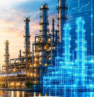 A refinery at dusk, half photographed and half rendered as a glowing digital twin